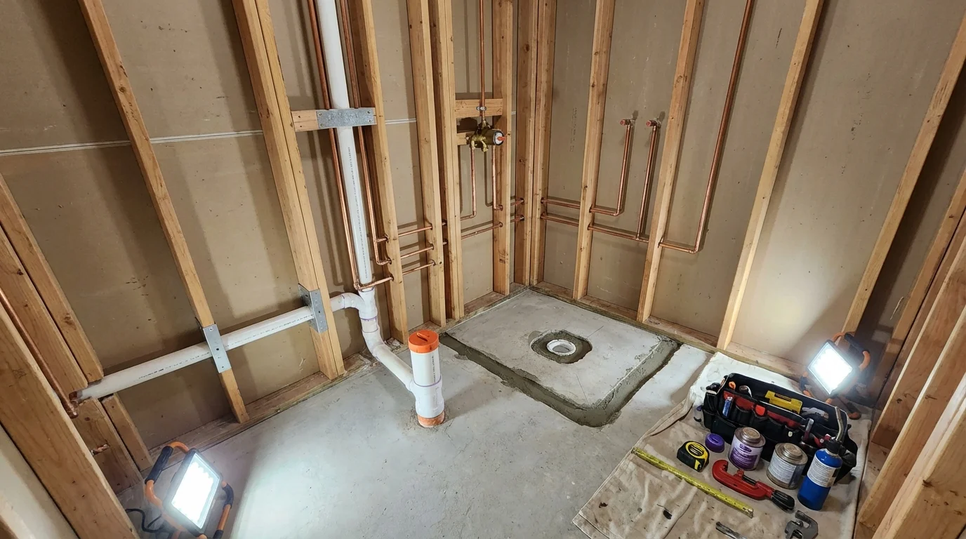 Bathroom rough-in plumbing during remodel by Johns Plumbing LLC in Gallatin
