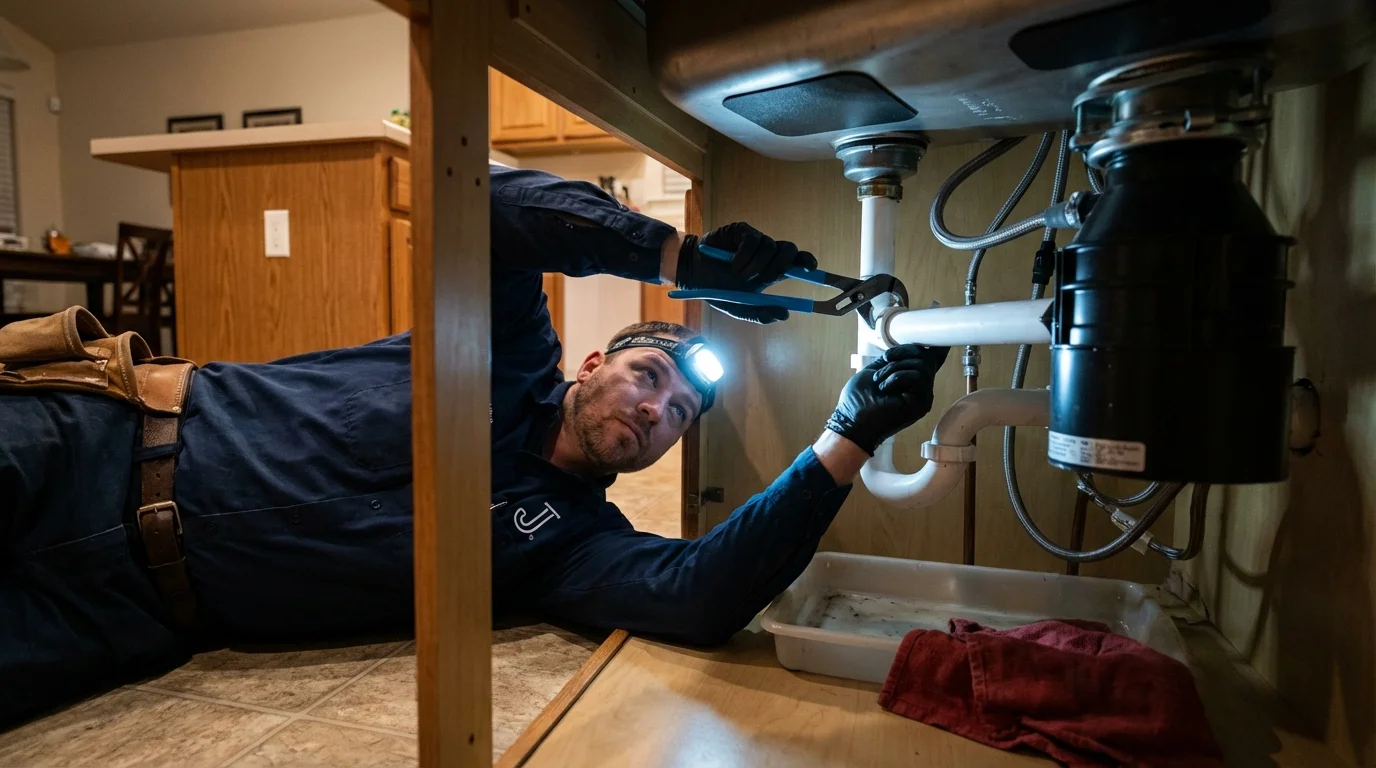 P-trap and supply line connections under a kitchen sink showing a common leak point in Gallatin, TN